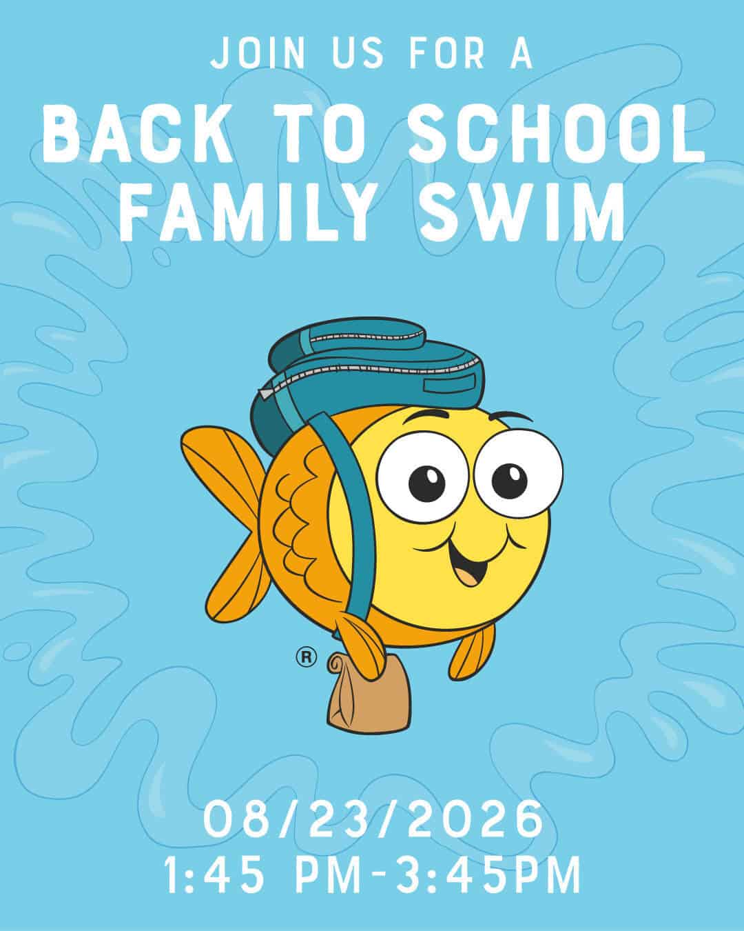 Cartoon fish character with backpack invites families to swim event.