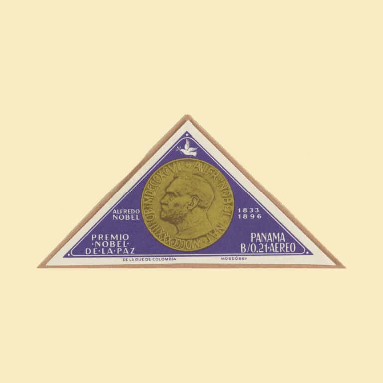Nobel Prize medal displayed in a triangular frame with blue and gold colors.