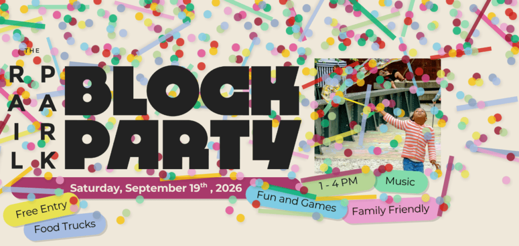 Colorful block party poster with kids, music, and food trucks for family fun.