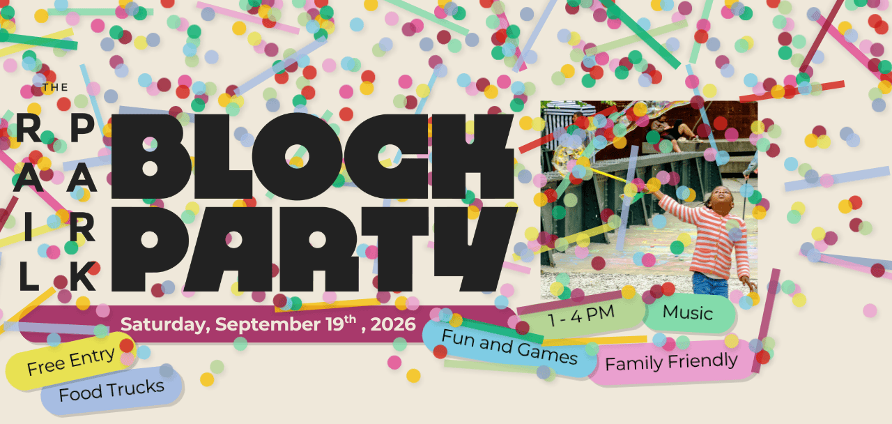 Colorful block party poster with kids, music, and food trucks for family fun.